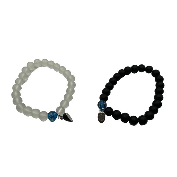 Yin Yang Friendship Bracelets Set With Heart Charm & Blue Accents - Picture 3 of 6